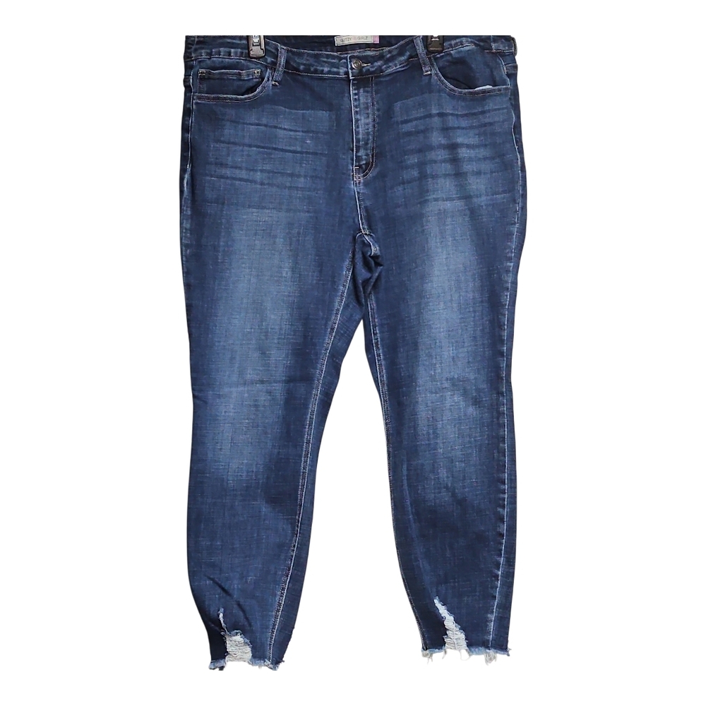 Dark Blue Cropped Jeans with Distressed Hem